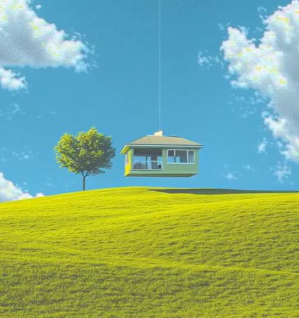 Casa flutando por cima de um campo verde com uma árvore ao lado